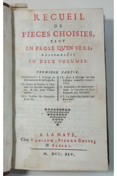 Recueil de pièces choisies tant en prose qu'en vers - Chevalier d'Aceilly, Racine - 1714