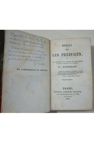 DUMARSAIS. Essai sur les préjugés ou l'influence des opinions sur le Bonheur - 1822, rare