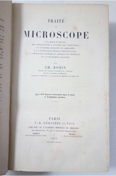 ROBIN. Traité du MICROSCOPE - 3 planches et 317 figures - 1871, RARE, BAILLIERE