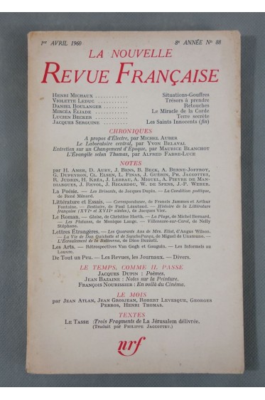 NRF. La nouvelle Revue Française n° 88 - 8e Année 1er Avril 1960. MICHAUX, ELIADE ...