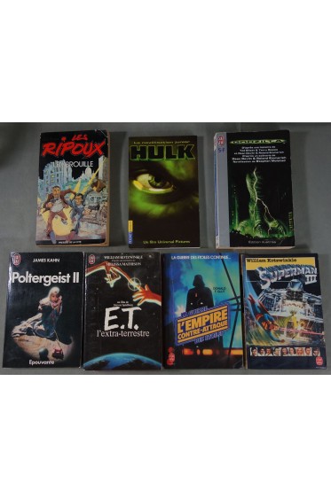 Lot de 7 ROMANS adaptés ou inspirés de FILMS. Godzilla, E.T., Hulk, Poltergeist, Superman