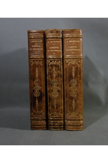 BELLES RELIURES - MUSSET. Comédies et Proverbes, 3 tomes. Gravures de PILLE, Lemerre